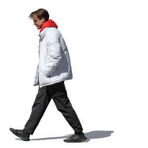 man in white puffer jacket walking