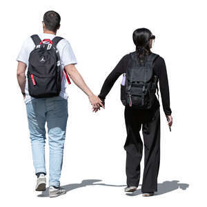 man and woman with backpacks walking hand in hand