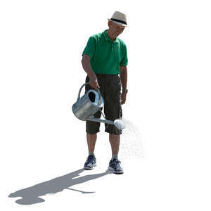 cut out backlit older man watering plants in the garden