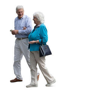 cut out grey haired couple walking arm in arm