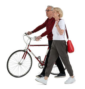 cut out older couple with a bike walking