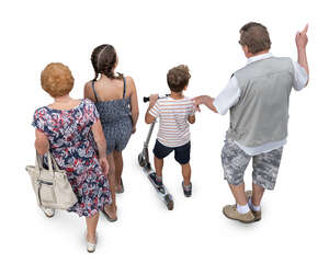 top view of grandparents and grandchildren walking