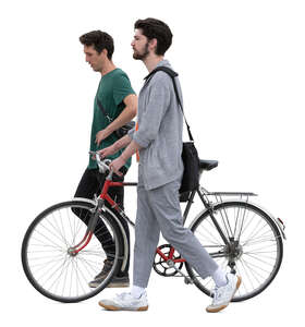 two men with a bike walking