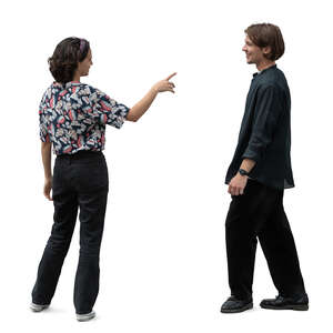 cut out man and woman standing and talking and pointing at smth