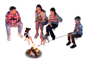 top view of family with kids and dogs sitting around bonfire