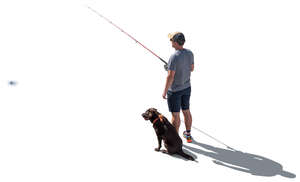 top view backlit fisherman with a dog standing