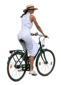 cut out woman in a white dress riding a bike