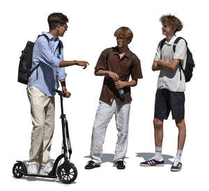 three teenage boys standing and talking