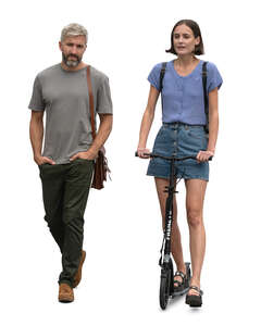 woman with a scooter and man walking side by side