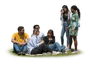 group of friends sitting and hanging in the park on the grass