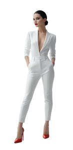 cut out woman in a white bodysuit standing