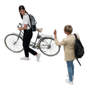 top view of a woman with a bike saying goodbye to a friend