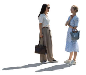 two backlit asian women standing and talking