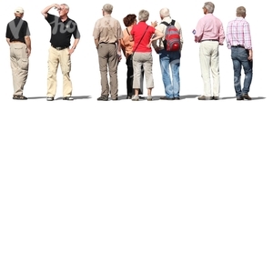 eight elderly people standing and looking around