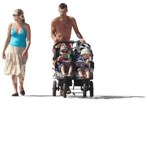 man and woman walking with two children