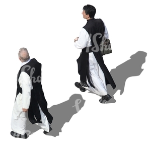 two monks walking seen from above