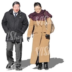 cut out asian couple walking in wintertime