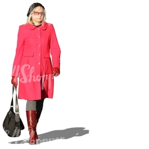 woman in a red coat walking