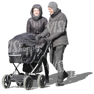 man and woman pushing a baby carriage