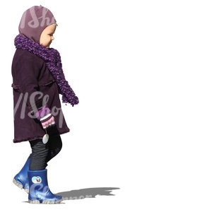 cut out girl in a purple winter coat walking