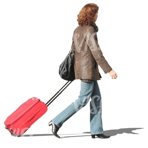 woman walking with a red suitcase