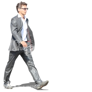 cut out man in a grey suit walking