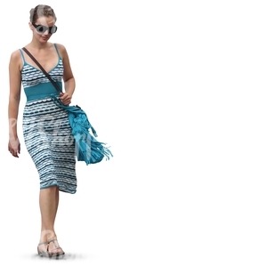 cut out woman in a blue summer dress walking