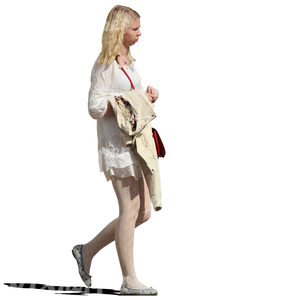 cut out blond woman in a white dress walking