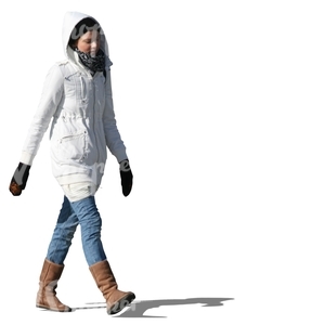 cut out woman in a white winter jacket walking