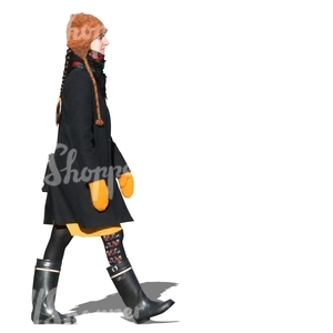 cut out woman in a black autumn coat walking