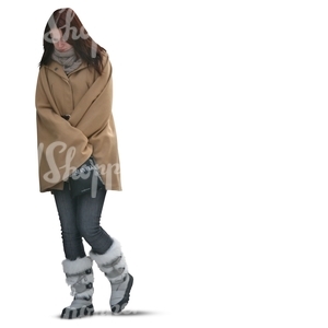 cut out woman in a brown winter coat walking