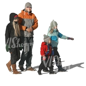 cut out man with three children walking in winter