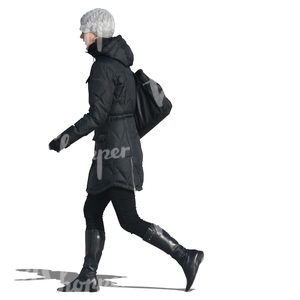 cut out woman in a black winter coat walking