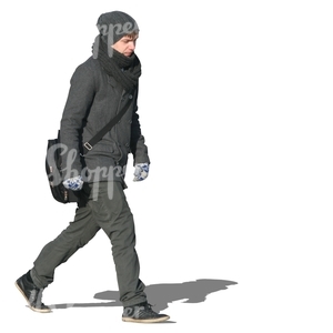 cut out man in a black winter coat walking