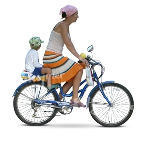 woman riding a bike with a boy at back