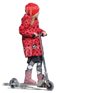 girl in a red coat riding a scooter