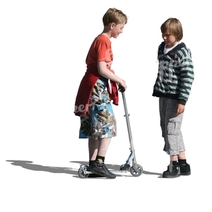 two boys with a scooter standing and talking 