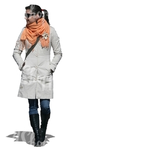 cut out woman in a white coat walking 