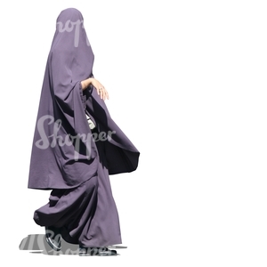 muslim woman in a purple abaya walking