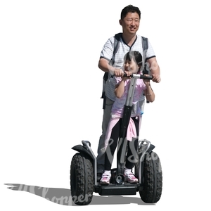 asian man riding a segway with his daughter