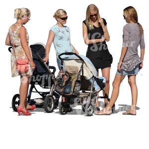 four women with baby strollers talking