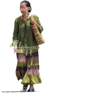 cut out asian woman in a green dress walking