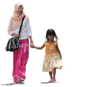 cut out muslim woman walking with her daugther