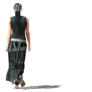 cut out woman in a long black dress walking