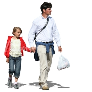 man walking hand in hand with his son