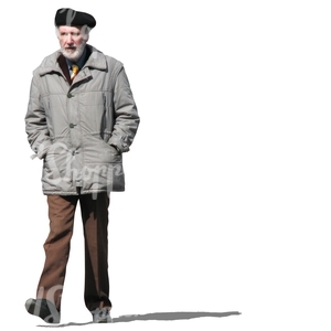 elderly man in a grey coat walking