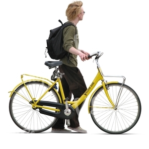 man walking with a yellow bike