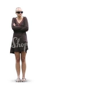 bald woman in a brown dress standing