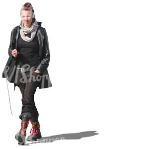 punk woman dressed in black walking