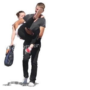 joyful young man carrying a woman